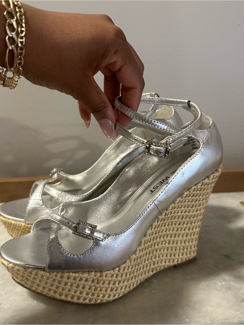 Metallic Silver Wedge Sandals with Ankle Strap Y2K Nine West Wedges